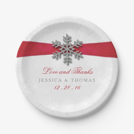 Diamante Snowflake & Red Ribbon Winter Wedding Pappteller (Vorderseite)