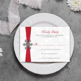 Diamante Snowflake & Red Ribbon Winter Wedding RSVP Karte