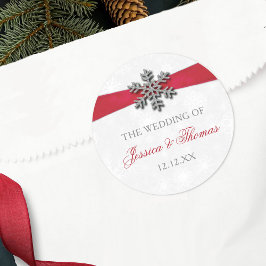 Diamante Snowflake & Red Ribbon Winter Wedding Runder Aufkleber