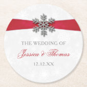 Diamante Snowflake & Red Ribbon Winter Wedding Runder Pappuntersetzer (Vorderseite)