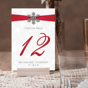 Diamante Snowflake & Red Ribbon Winter Wedding Tischnummer