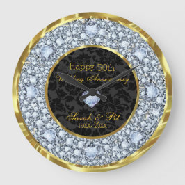 Diamanten, Black & Gold 50. Hochzeitstag Große Wanduhr