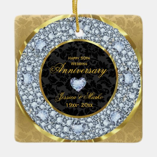 Diamanten, Black & Gold Damask 50 Jahre Keramikornament (Vorderseite)