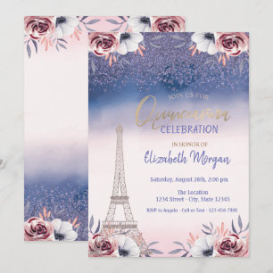 Diamanten, Eiffelturm Ombre Rosen Quinceanera Einladung
