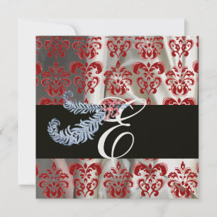 DIAMANTEN FEDER ROT WEIß EIS SEIDE DAMAST MONOGRAM EINLADUNG
