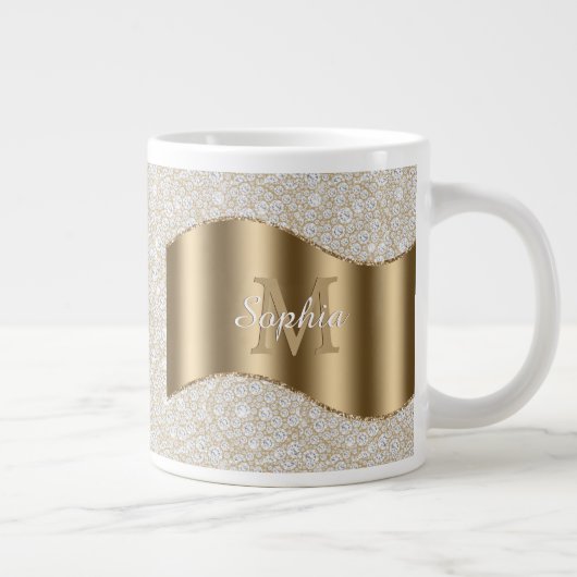 Diamanten, große Gold Monogram, weißer Skriptname Jumbo-Tasse (Rechts)