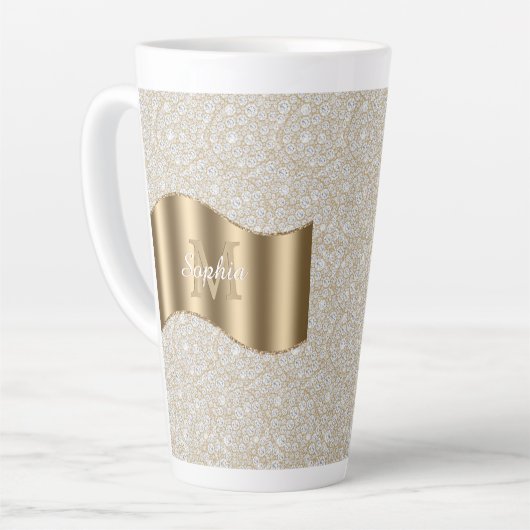 Diamanten, große Gold Monogram, weißer Skriptname Milchtasse (Linke Ecke)