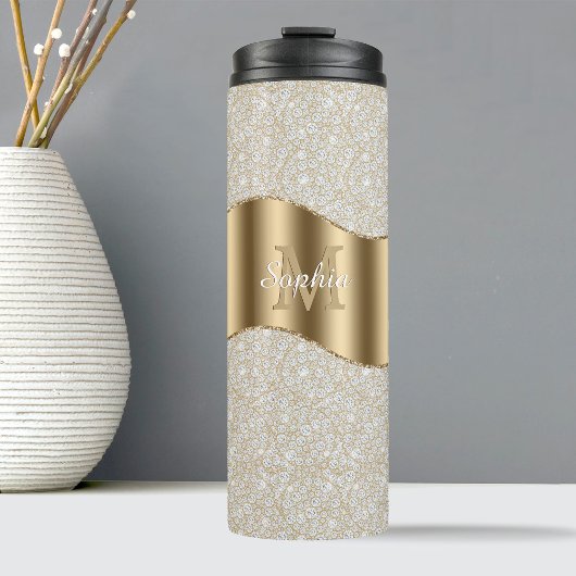 Diamanten, große Gold Monogram, weißer Skriptname Thermosbecher