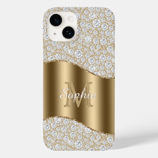 Diamanten, große Goldmonogramm, weißer Skriptname Case-Mate iPhone Hülle (Rückseite)