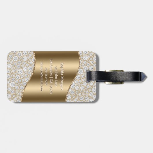 Diamanten, große Goldmonogramm, weißer Skriptname Gepäckanhänger (Rückseite horizontal)