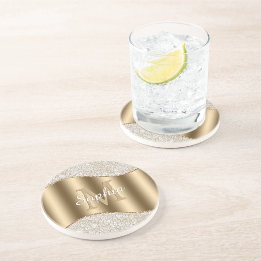 Diamanten, große Goldmonogramm, weißer Skriptname Getränkeuntersetzer (Seite)