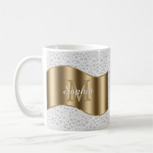 Diamanten, große Goldmonogramm, weißer Skriptname Kaffeetasse