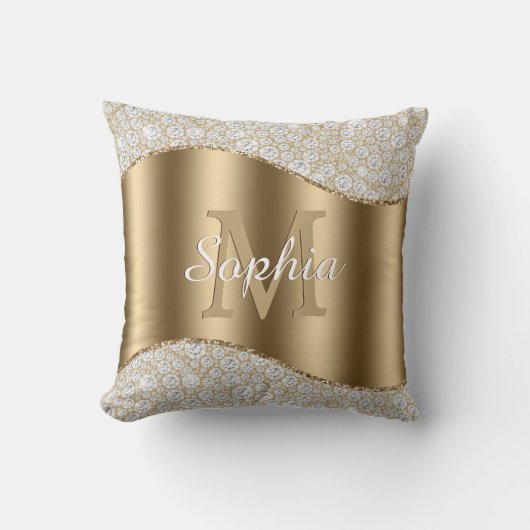 Diamanten, große Goldmonogramm, weißer Skriptname Kissen (Vorderseite)
