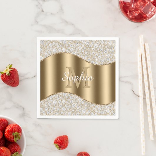 Diamanten, große Goldmonogramm, weißer Skriptname Serviette (Beispiel)