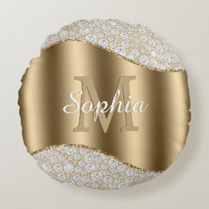 Diamanten, großes goldenes Monogramm, weißer Schri Rundes Kissen