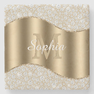 Diamanten, großes goldenes Monogramm, weißer Schri Steinuntersetzer