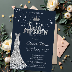 Diamanten Kleid Sterne Navy Blau Quinceañera Einladung