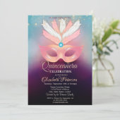 Diamanten, Masken, Lichter, Masquerad Quinceañera Einladung (Stehend Vorderseite)