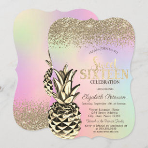 Diamanten, Metallic Ananas Holografisch Sweet 16 Einladung