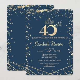 Diamanten Navy Blau Gold 40. Geburtstagsfeier   Einladung
