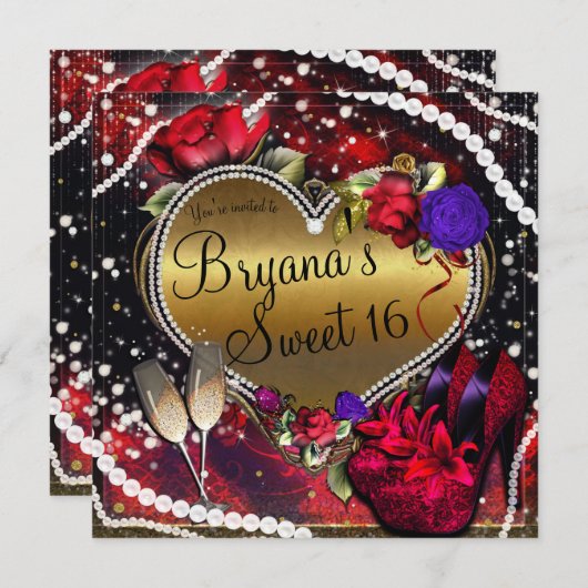 Diamanten Pearls Herz High Heels Sweet 16 Einladung (Vorne/Hinten)