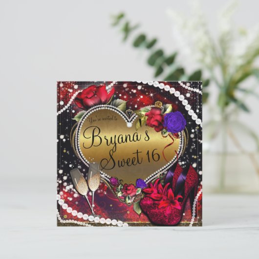 Diamanten Pearls Herz High Heels Sweet 16 Einladung (Stehend Vorderseite)