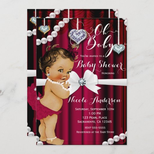 Diamanten & Perlen Roter Glamour Vintag Babydusche Einladung (Vorne/Hinten)