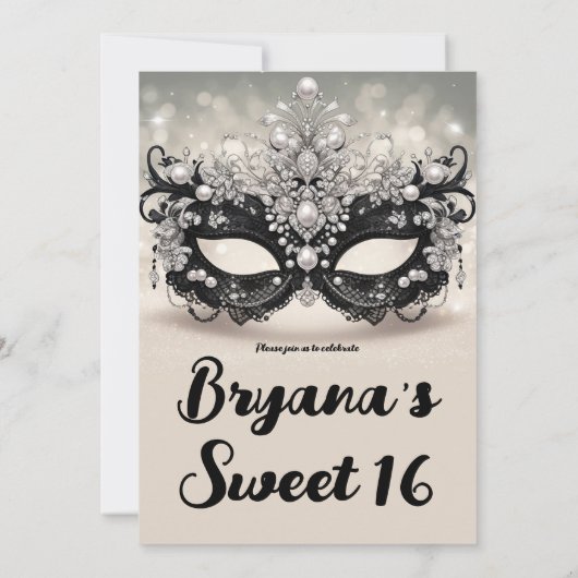 Diamanten & Perlen Schwarzer Lace Masquerade Sweet Einladung (Rückseite)