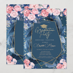 Diamanten Rosen Rahmen Navy Blau Abschlussfeier Einladung
