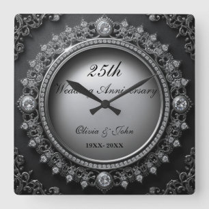 Diamanten & Silber 25. Hochzeitsjubiläum Geschenk Quadratische Wanduhr