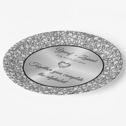 Diamanten & Silberzettel für große Uhren Pappteller (Schrägansicht)