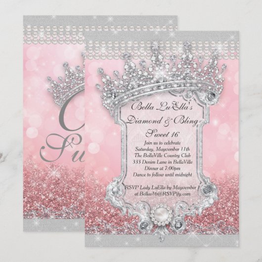Diamanten und Bling Sweet 16 Quince Einladungen (Vorne/Hinten)