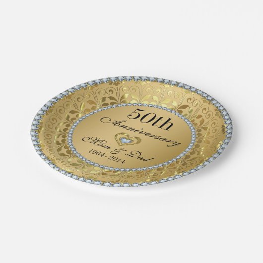 Diamanten und Gold 50. Hochzeitstag Pappteller (Schrägansicht)