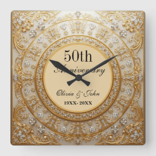 Diamanten und Gold 50. Hochzeitstag Quadratische Wanduhr