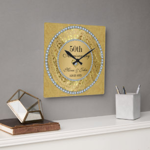Diamanten und Gold 50. Hochzeitstag Quadratische Wanduhr