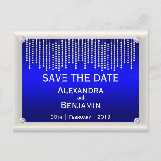 Diamanten und Perlen Blue Wedding Save the Date Ankündigungspostkarte (Vorderseite)