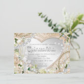 Diamanten und Perlen Weißer Rose Quinceanera Einladung (Stehend Vorderseite)