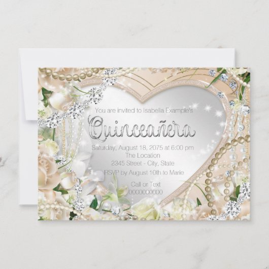 Diamanten und Perlen Weißer Rose Quinceanera Einladung (Vorderseite)