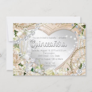 Diamanten und Perlen Weißer Rose Quinceanera Einladung