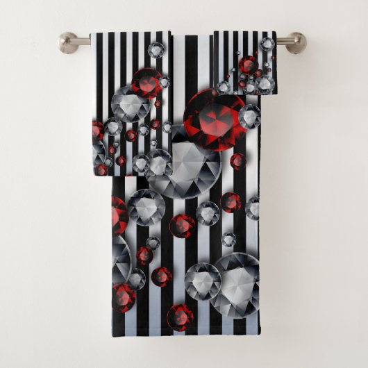 Diamanten und Rubine auf schwarzen und silbernen S Badhandtuch Set (Insitu)