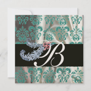 DIAMANTENE FEDERN GOLD BLAUE SEIDE DAMAST MONOGRAM EINLADUNG