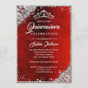 Diamantene Lace Sparkle Rot Silber Quinceanera Einladung