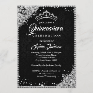 Diamantene Lace Sparkle Schwarz Silber Quinceanera Einladung