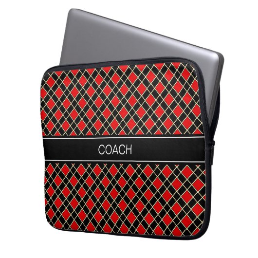 Diamantenmuster in Schwarz und Rot & Gürtel Laptopschutzhülle (Vorderseite Links)