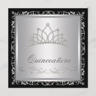 Diamantentiarara Schwarze Damast-Quinceanera Einladung