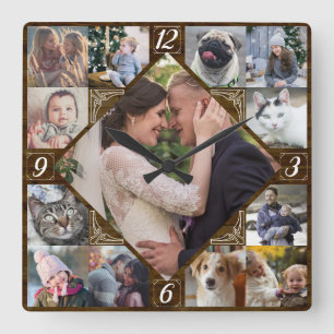 Diamantförmige Familienfoto-Collage Rustikales Dun Quadratische Wanduhr