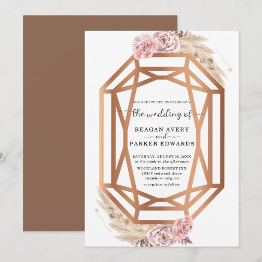 Diamantförmige Pampasgras-Hochzeit Einladung (Vorne/Hinten)