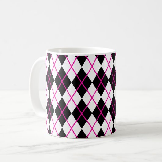 Diamantförmiger Argyle-Druck-Becher Schwarz Pink Kaffeetasse (Vorderseite Links)