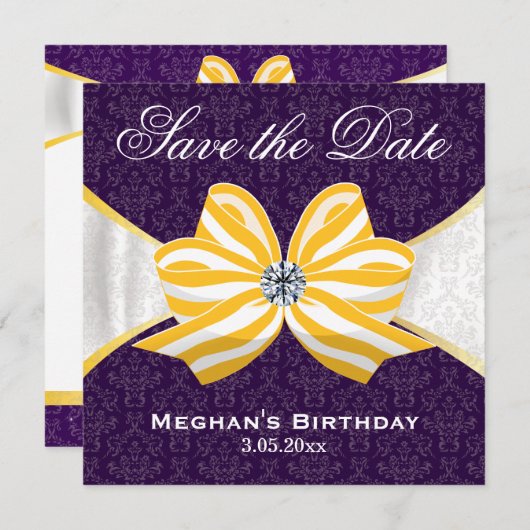 Diamantgelbe Schleife mit Lila Damaskusmuster Save The Date (Vorne/Hinten)