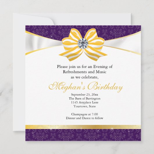 Diamantgelbe Schleife mit Lila Damaskusmuster Save The Date (Rückseite)